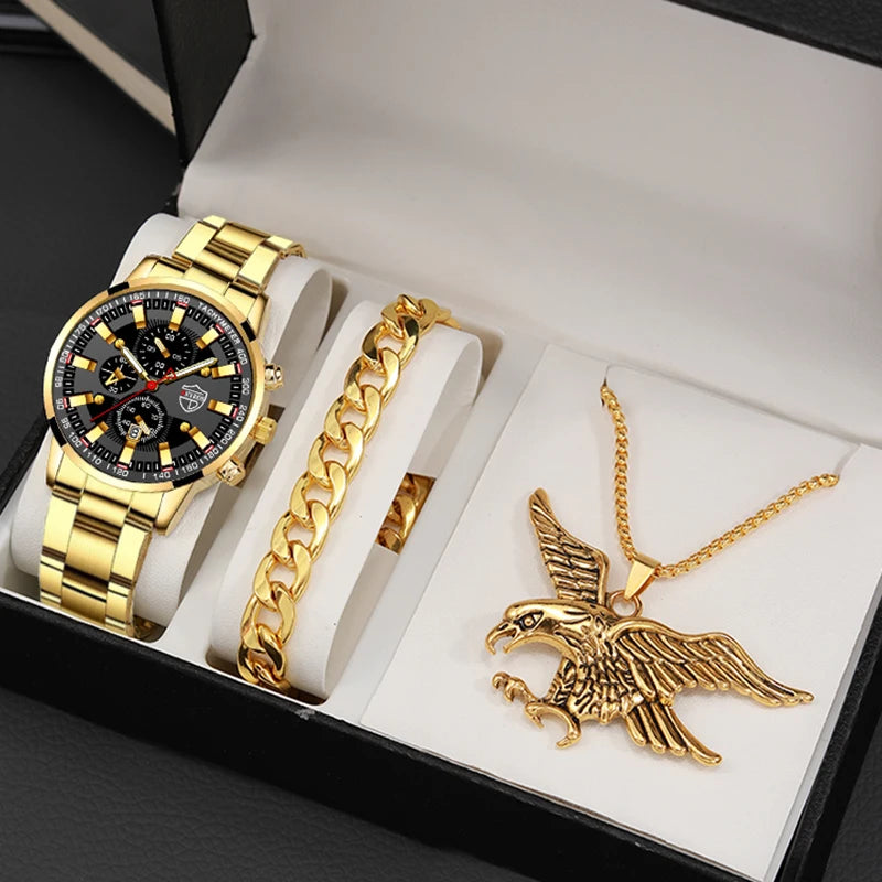 Herren-Uhr Set – Edelstahl Quarz mit Kalender & Kette