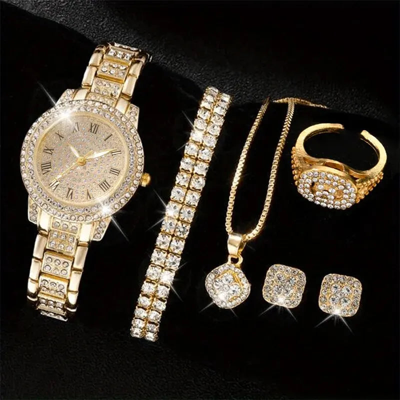 6er Set Damen-Uhren – Luxus Quarzuhr mit Kristallen