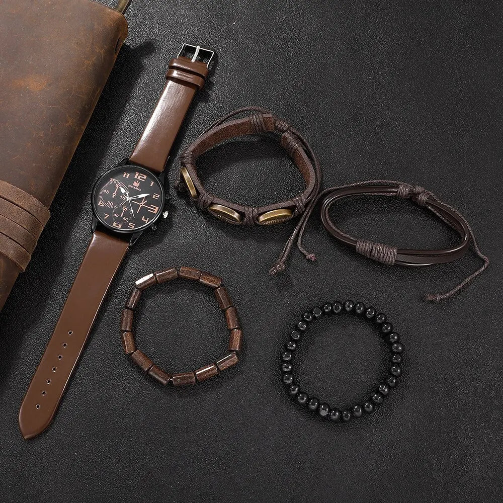 5er Set Herren-Sportuhren – Retro Big Dial, Quartz & Braunleder