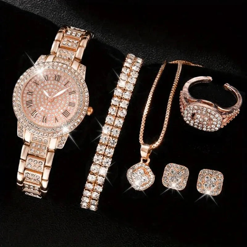 6er Set Damen-Uhren – Luxus Quarzuhr mit Kristallen