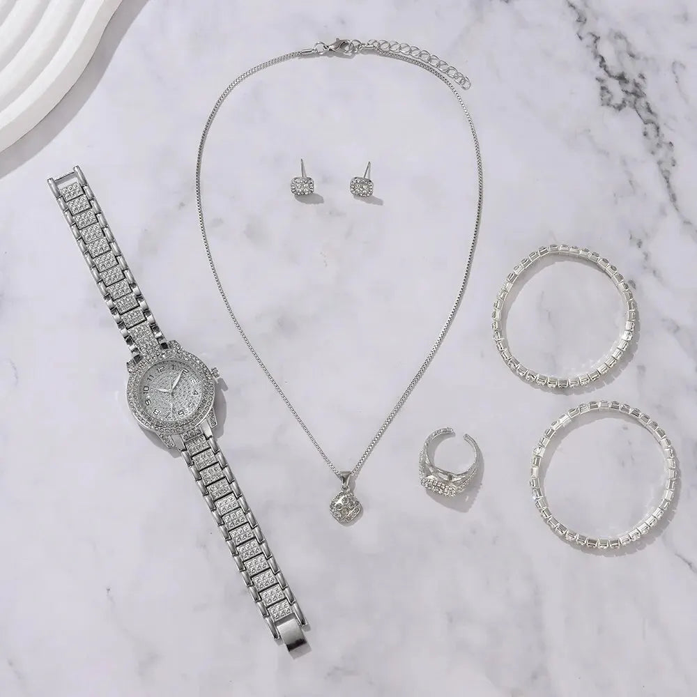 6er Set Damen-Uhren – Luxus Quarzuhr mit Kristallen