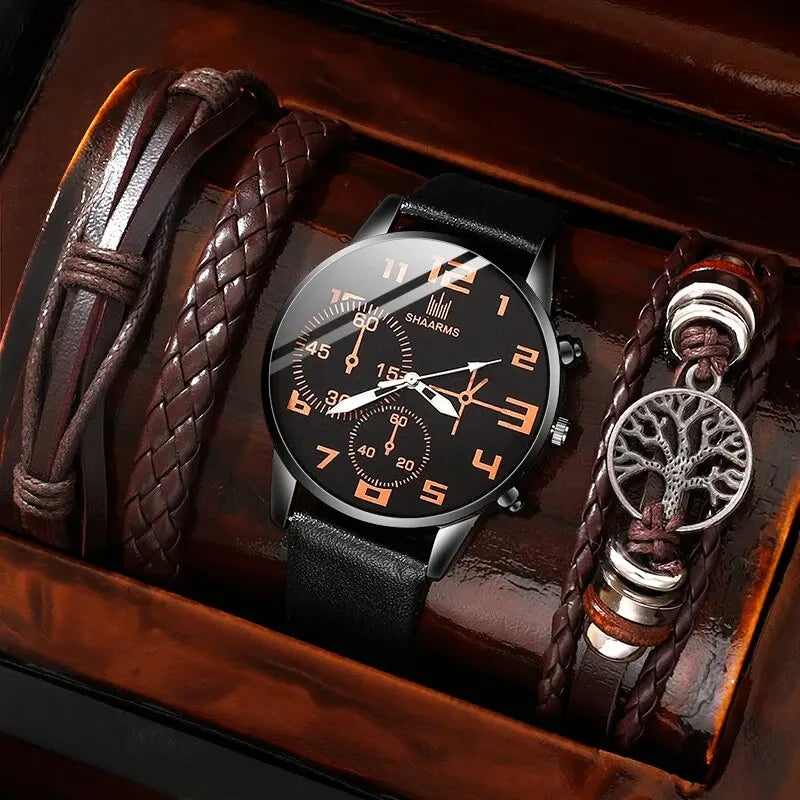 5er Set Herren-Sportuhren – Retro Big Dial, Quartz & Braunleder