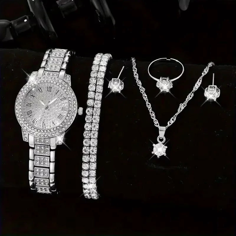 6er Set Damen-Uhren – Luxus Quarzuhr mit Kristallen