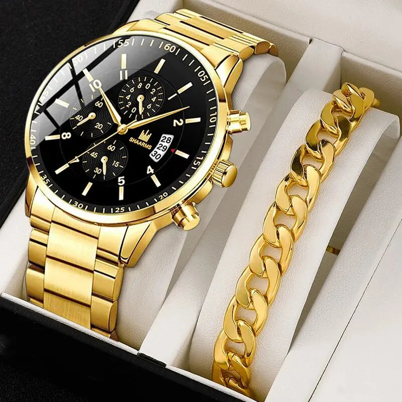 Luxus Herren Edelstahl Quarz-Uhr Set – Kalender & Armband