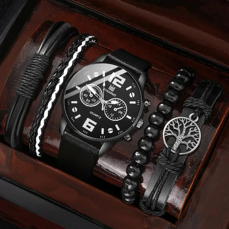 5er Set Herren-Sportuhren – Retro Big Dial, Quartz & Braunleder
