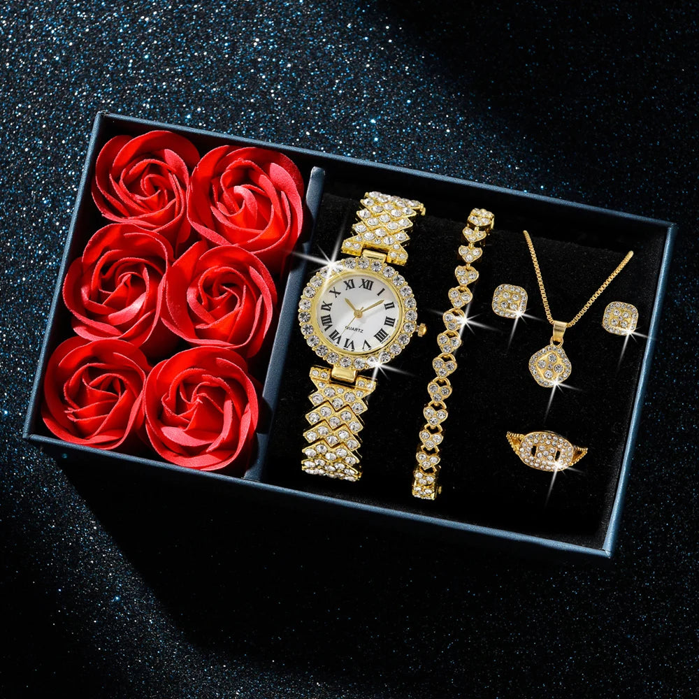 6-teiliges Damen Schmuck-Set – Luxus Gold Uhr mit Halskette