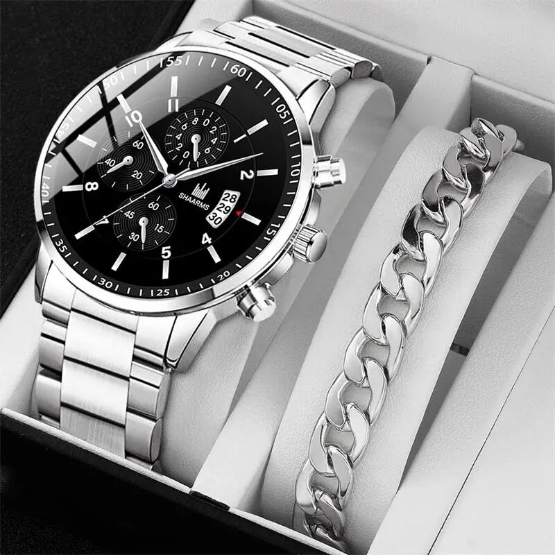 Luxus Herren Edelstahl Quarz-Uhr Set – Kalender & Armband