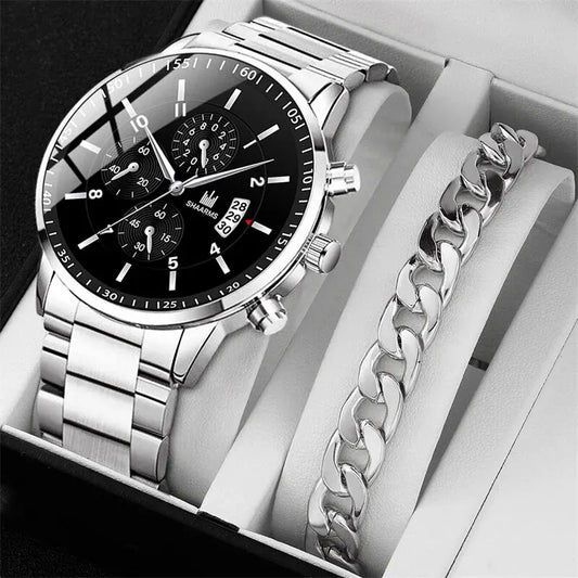 Luxus Herren Edelstahl Quarz-Uhr Set – Kalender & Armband