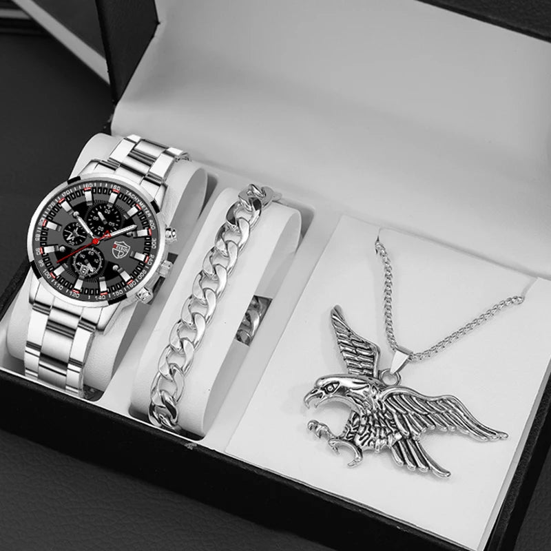 Herren-Uhr Set – Edelstahl Quarz mit Kalender & Kette