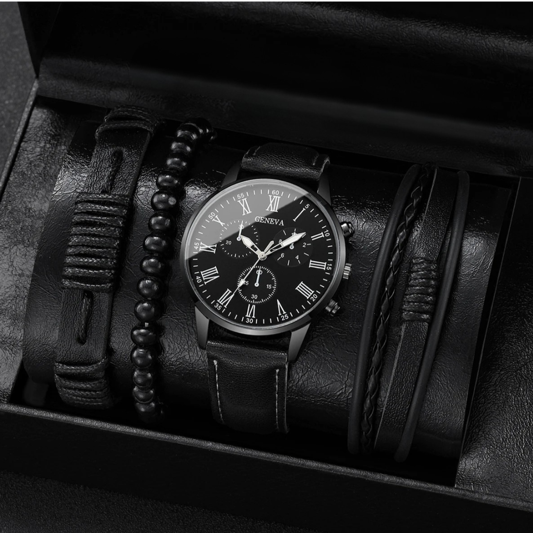 4/5er Set Herren,Business Quartz & Vintage Lederarmbänder