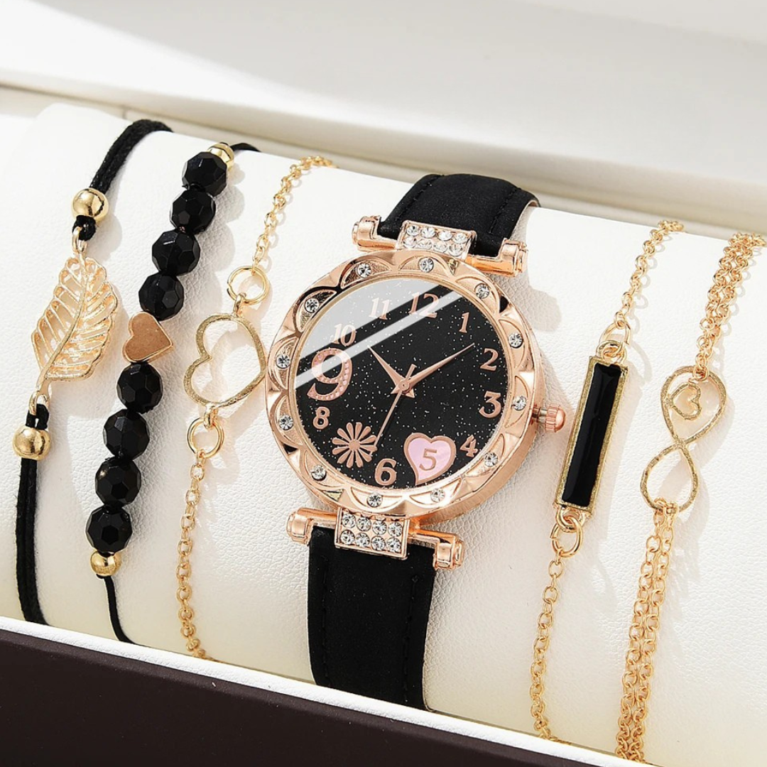 6er Damen-Uhren-Set – Luxus Leder Armbanduhr mit Quarzwerk