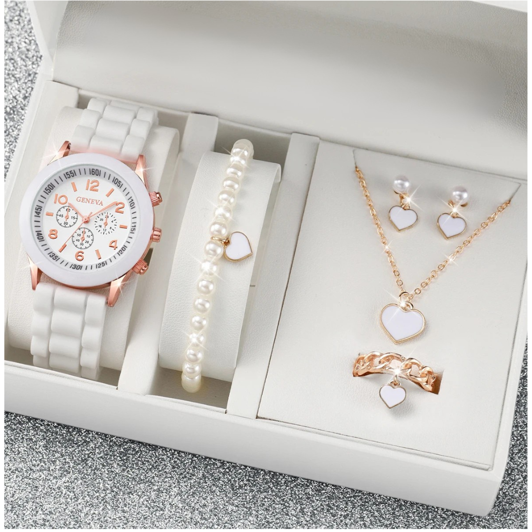 6er Set Damen-Uhren – Weiß, elegant, mit Lederarmband