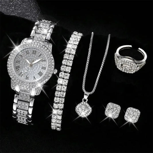 6er Set Damen-Uhren – Luxus Quarzuhr mit Kristallen