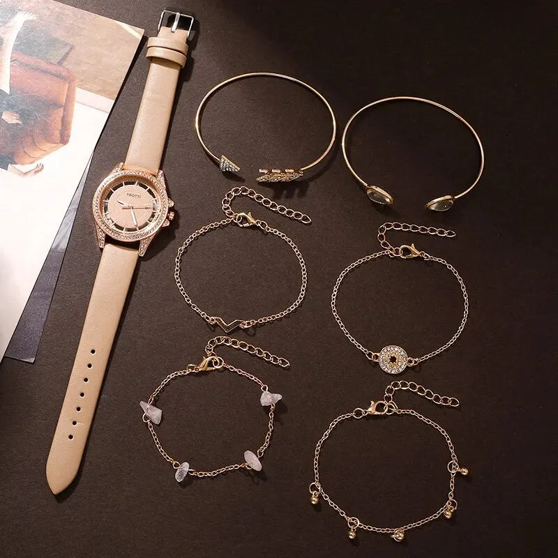 Luxury Women's Quartz Watch - Beige Leather Band