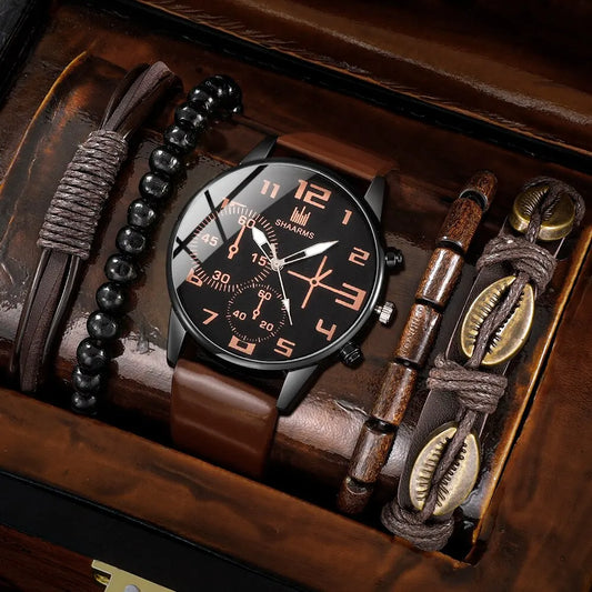 5er Set Herren-Sportuhren – Retro Big Dial, Quartz & Braunleder
