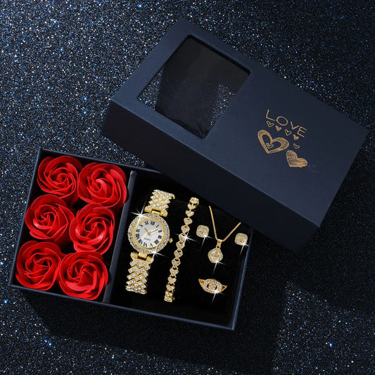 6-teiliges Damen Schmuck-Set – Luxus Gold Uhr mit Halskette