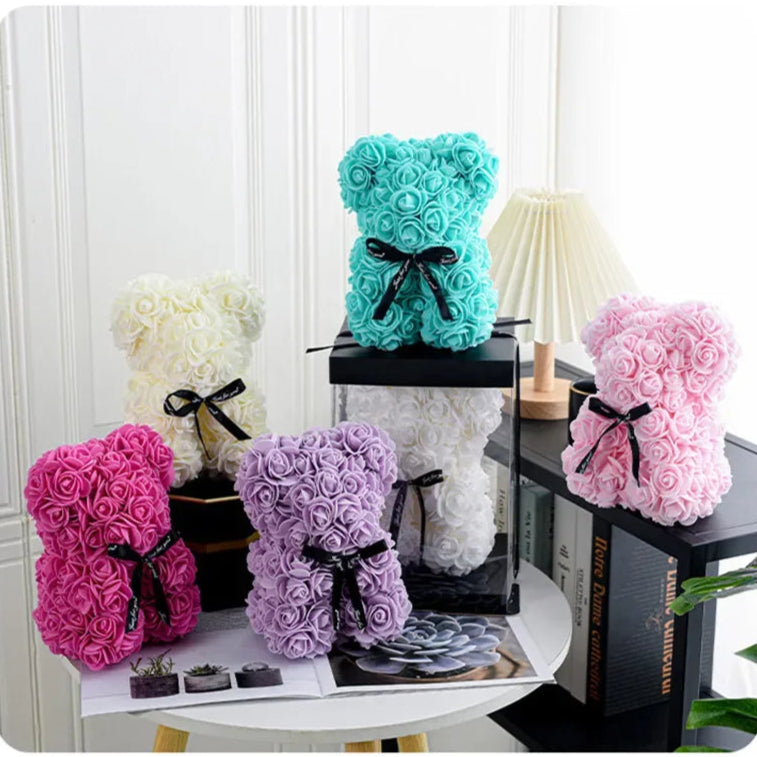 Rosenbär 20 cm aus künstlichen Rosen – Mit Geschenkbox