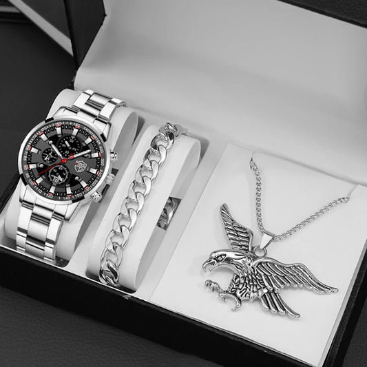 Herren-Uhr Set – Edelstahl Quarz mit Kalender & Kette